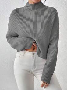 Women's Cute Crop Sweaters Casual Lightweight Cozy Ribbed Knit Cropped Pullover Sweater - Grey - View 3