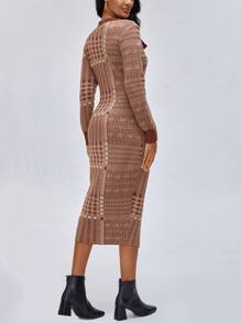 ELPIDA Designer Karomuster Spaltafront figurbetont elegantes Pullover-Kleid Outfit, geeignet für Feiertage, Partys, Geburtstage, Festivals, Hochzeiten, Abschlussbälle - Rot - Übersicht 2