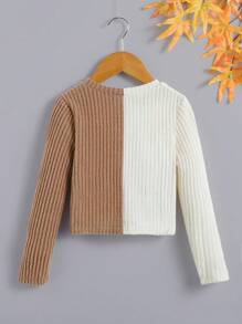 SHEIN Leap Crew Young Girl Street Style Knit Patchwork Long Sleeve Top - Khaki - View 2