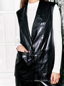 SHEIN Frenchy Pu皮革無袖外套 - 黑色 - 查看 3