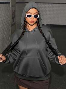 SHEIN EZwear Women's Plus Size Drawstring Hooded Sweatshirt - Grey - View 1