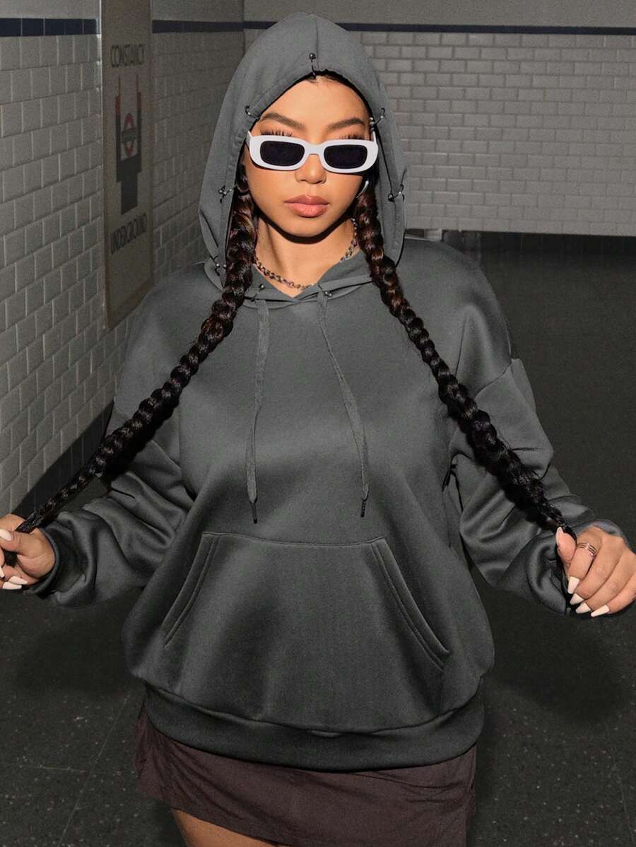 SHEIN EZwear Women's Plus Size Drawstring Hooded Sweatshirt - Grey - View 1