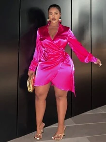 Slaydiva Women's Plus Size Wrapped Knot Design Dress - Hot Pink - View 4