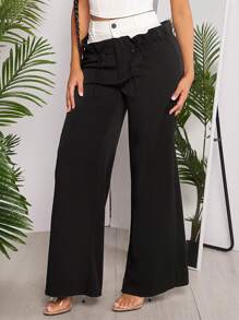 SHEIN SXY Women's Contrast Color Elastic Waist Wide Leg overalls Pants - Black and White - View 4