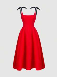 SHEIN Unity 彩色拼接裙配蝴蝶結肩帶和腰帶 - 紅色 - 查看 1