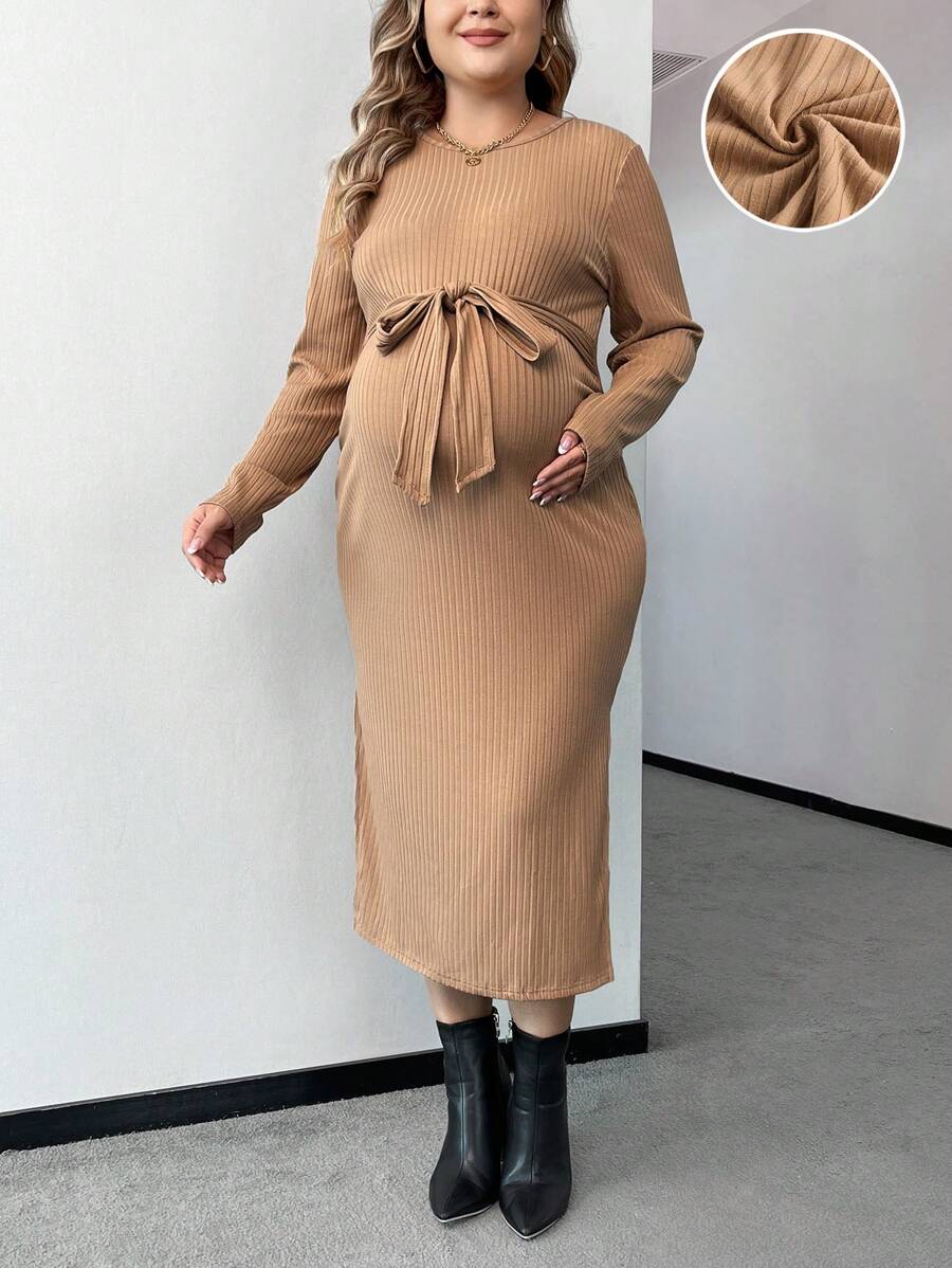 SHEIN 孕婦大碼前繫帶下擺開叉緊身洋裝 - 卡其色 - 查看 1