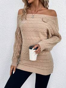 SHEIN Clasi Của phụ nữ Màu thuần 3D Chi tiết Hoa Off Shoulder Áo len - Màu Khaki - Xem 3