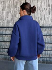 SHEIN Cottnline Women's Solid Color Drop Shoulder Front Zipper Sweatshirt - Blue - View 2