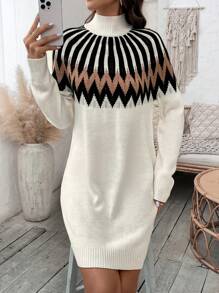 SHEIN LUNE Của phụ nữ Áo cao cổ Họa tiết Hình học Đầm Áo len - Màu be - Xem 1