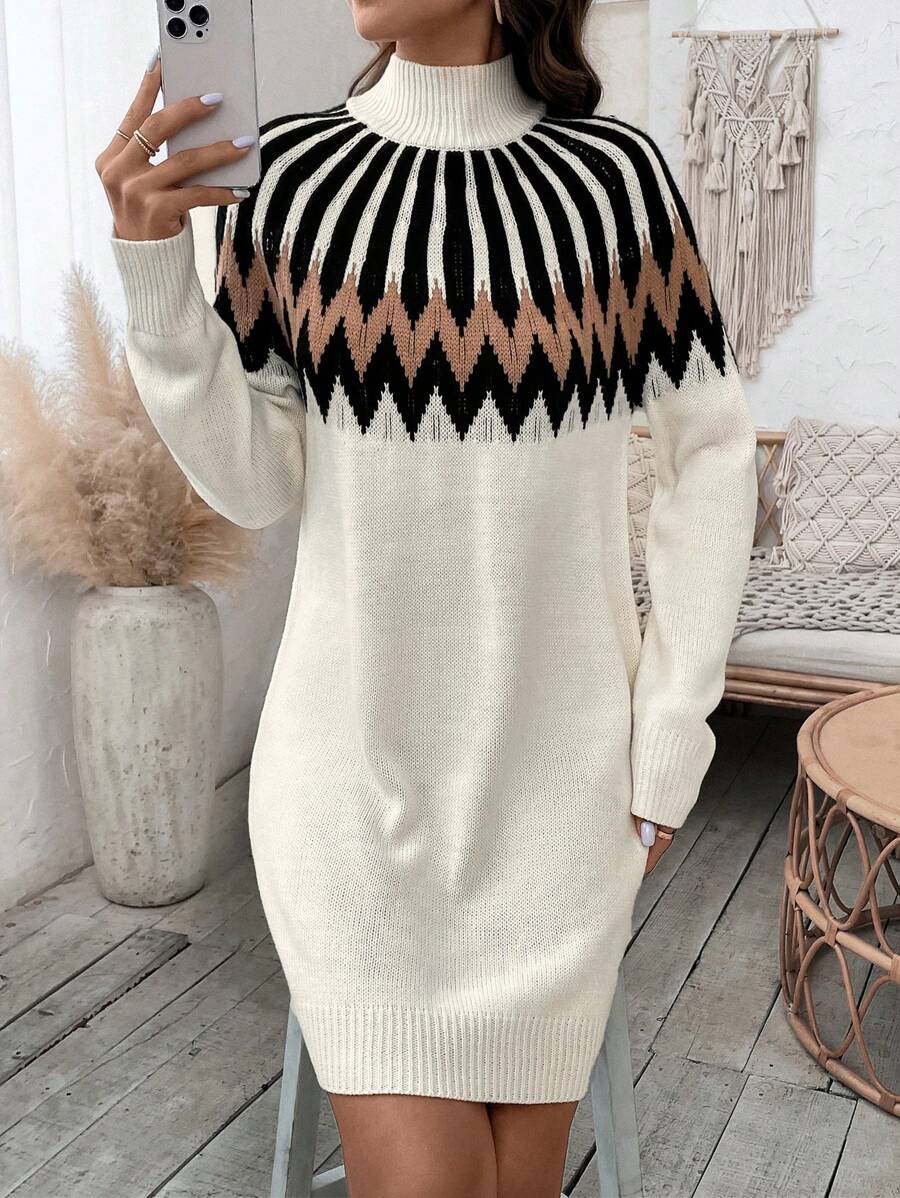 SHEIN LUNE Của phụ nữ Áo cao cổ Họa tiết Hình học Đầm Áo len - Màu be - Xem 1