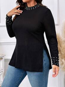 SHEIN Clasi 大尺碼女士高領長袖鑲珠t恤