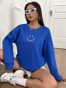 SHEIN Unity 宽松圆领长袖笑脸图案休闲套头衫 - 寶藍色 - 查看 6