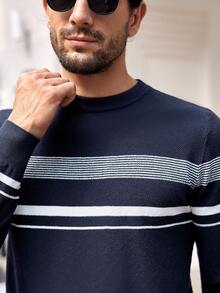 GENTILAND Men's Long Sleeve Round Neck Striped Sweater Pullover - Blue - View 5