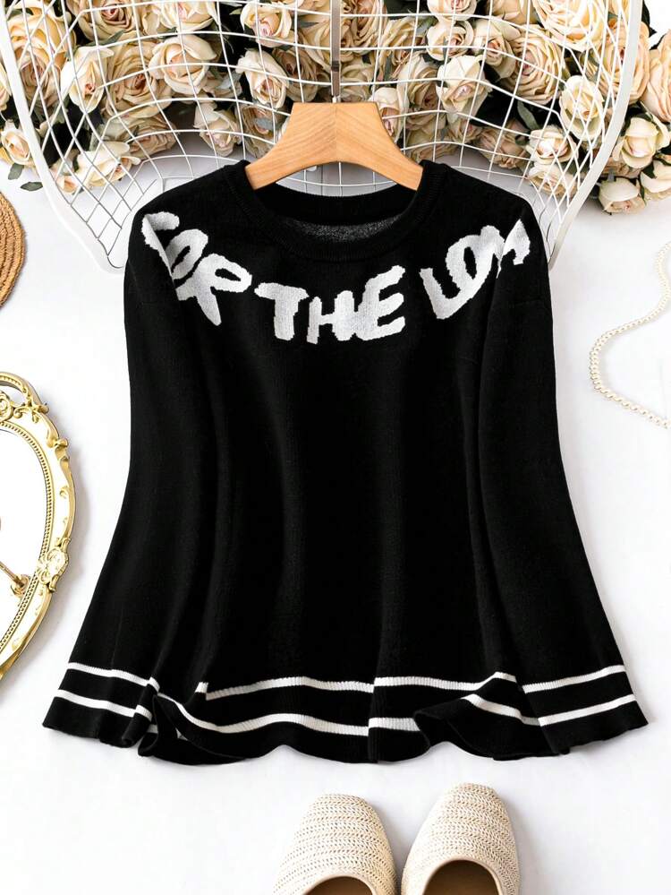 Plus Size Letter Pattern Sweater Pullover Knit Pullover Fall Winter Sweater