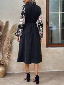 EMERY ROSE 女性花卉印花綁結前扣蓬蓬袖撞色連衣裙 - 彩色 - 查看 3