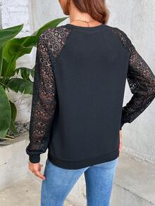 SHEIN Privé 女款花邊拼接長袖棉衣 - 黑色 - 查看 2