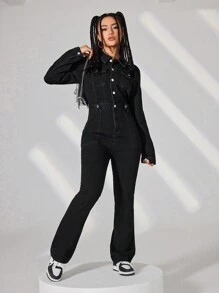 SHEIN EZwear 女用有蓋口袋牛仔連身褲 - 黑色 - 查看 3