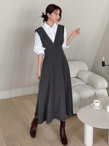 DAZY 女士纯色深V领无袖优雅吊带连衣裙，秋季服装