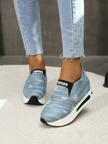 女士牛仔厚底坡跟运动鞋，时尚休闲系带隐形高跟鞋，春秋季 - 淺藍色 - 查看 5