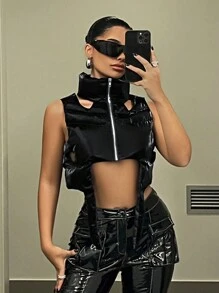 SHEIN ICON 修身不對稱高領襯墊外套 - 黑色 - 查看 3