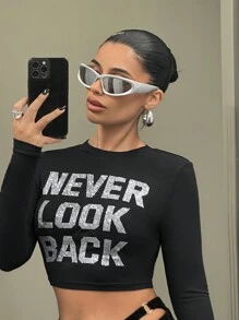 SHEIN ICON 修身版型的大英文字母鑲嵌鑽石長袖短款t恤 - 黑色 - 查看 5