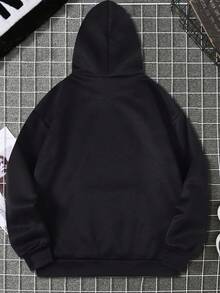 Flirla Plus Size Cartoon & Slogan Graphic Thermal Lined Drawstring Sweatshirt - Black - View 2