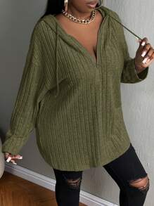 Slaydiva Plus Size Zipper Knitted Hooded T-Shirt