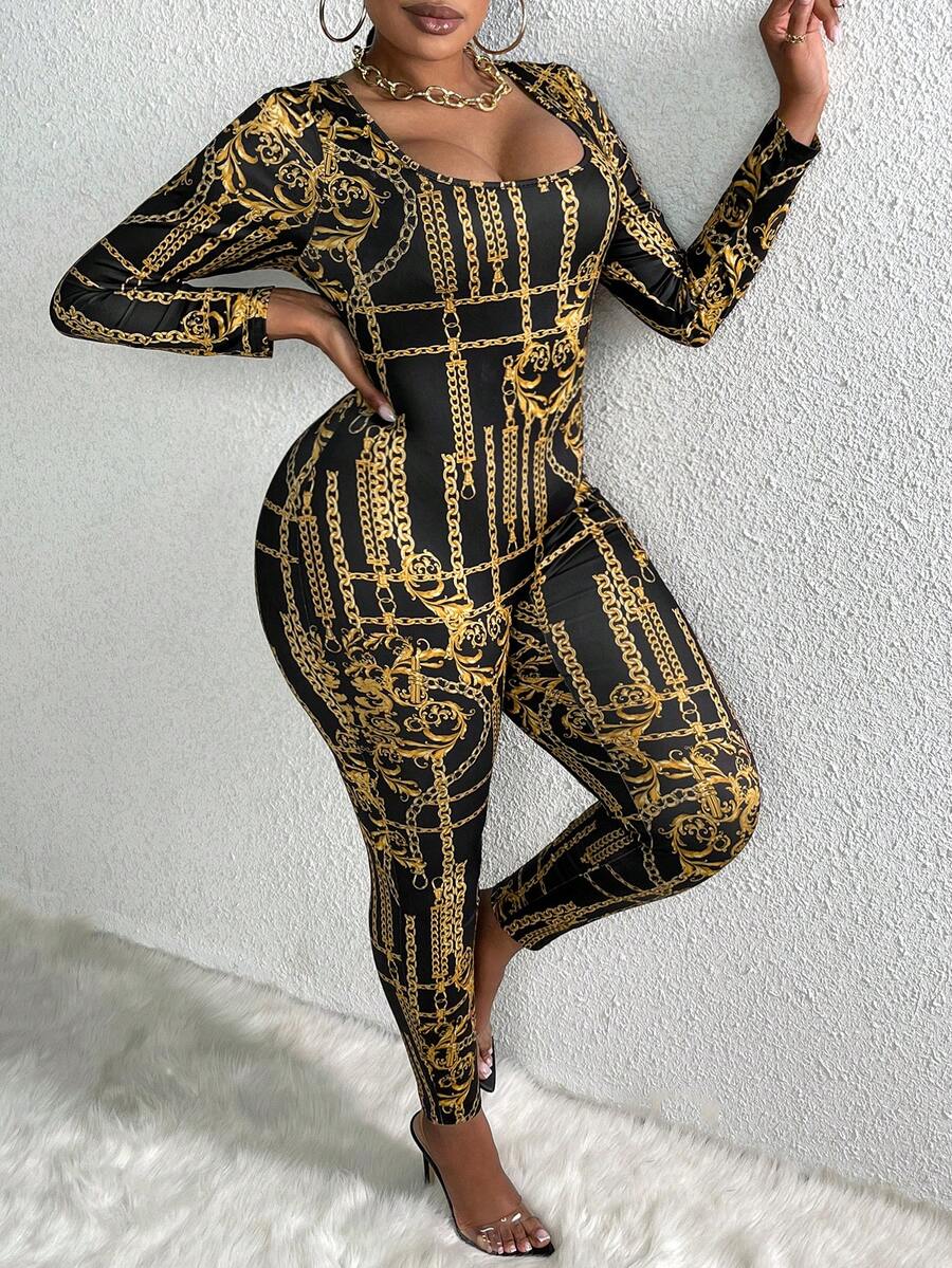 Slaydiva 女士加肥鏈印花連身褲,大圓領設計 - 黑色 - 查看 1