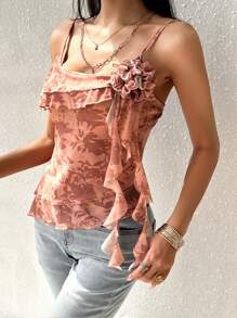 SHEIN VCAY Flower Print 3d Floral Design Asymmetrical Hem Cami Top - Multicolor - View 1