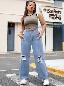 SHEIN EZwear 大尺碼仿舊直筒牛仔褲 - 藍色 - 查看 6