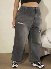 SHEIN CURVE+ Của phụ nữ Kích thước lớn Quần jean ống rộng rách - Xám - Xem 5