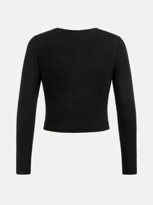 SHEIN 半大童女生圓領針織長袖T卹，鑲嵌鑽石和字母裝飾款式時尚 - 黑色 - 查看 2