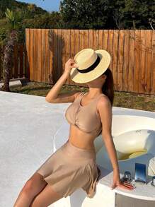 DAZY 女士纯色扭纹前背心式比基尼，适合夏季海滩度假，Tankini 泳衣 - 卡其色 - 查看 6