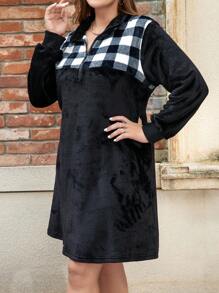 女性加大號格紋絨毛連衣裙 - 黑色 - 查看 5