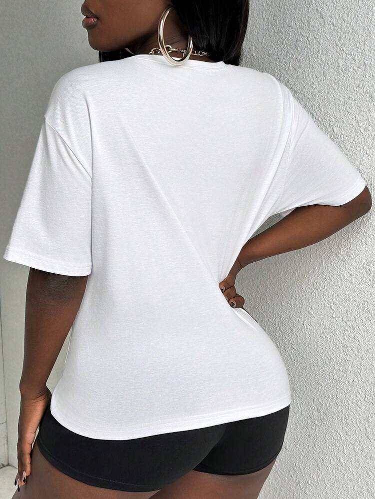 Women's Letter & Cartoon Pattern Drop Shoulder Top And Shorts Set