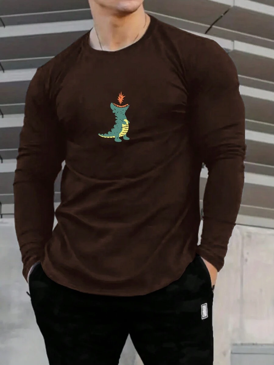 Manfinity Men's Simple Dinosaur Print Round Neck Long Sleeve T-shirt - Coffee Brown - View 1
