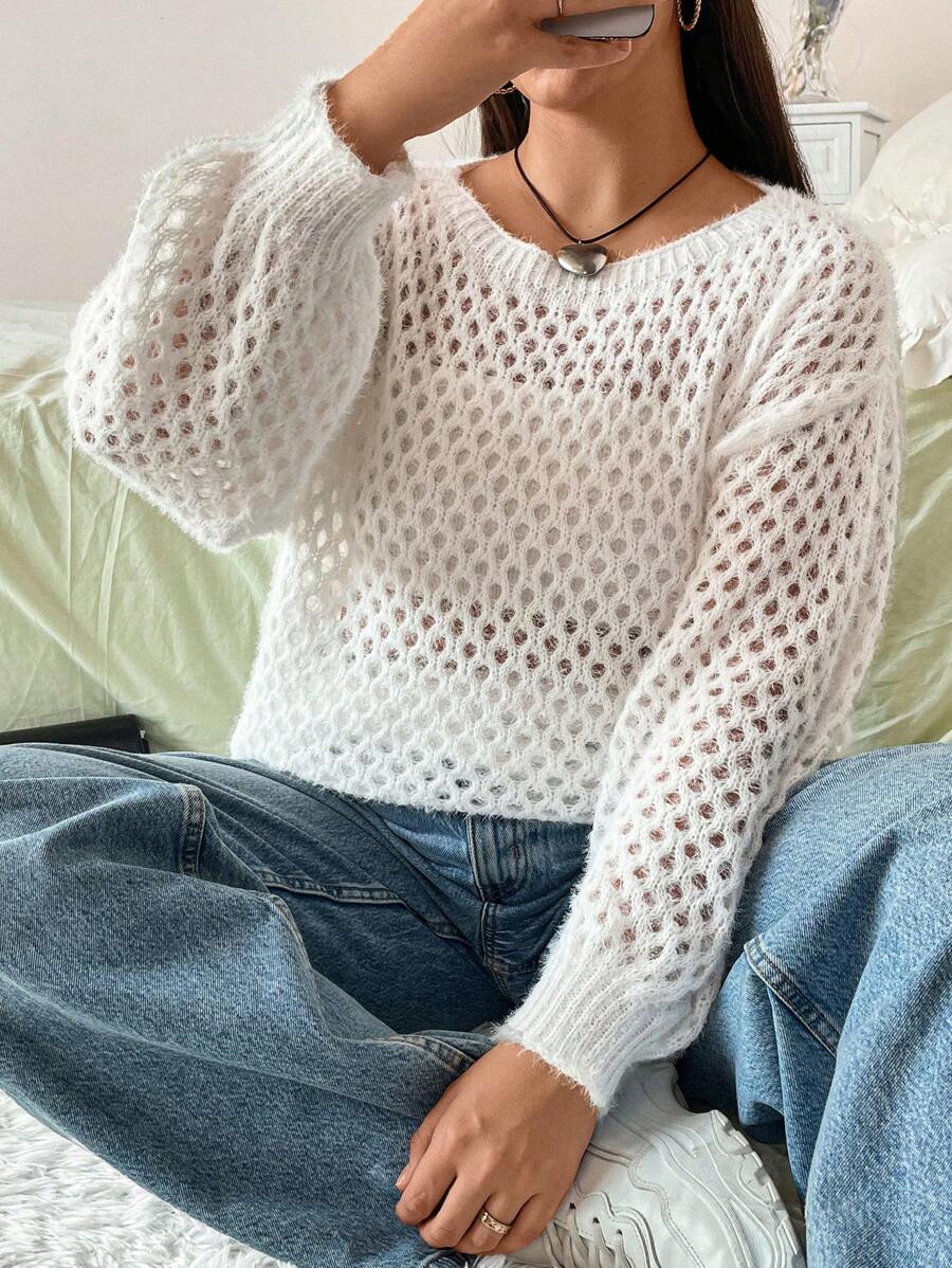 Flirla 大码女式落肩镂空套头毛衣针织衫秋冬毛衣 - 白色 - 查看 1