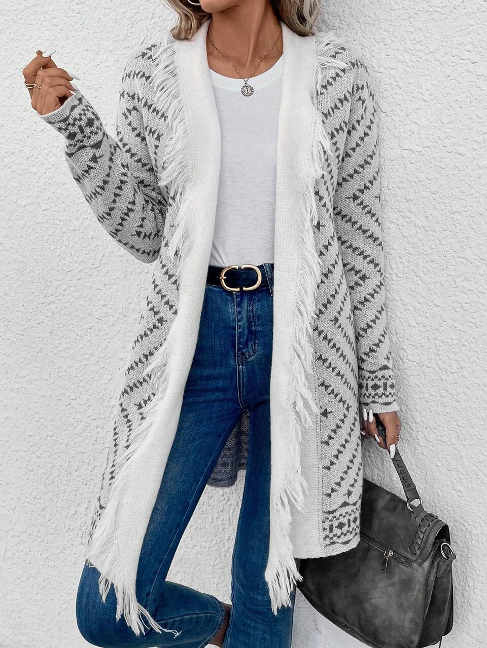 Women's Geometric Pattern Fringed Cardigan