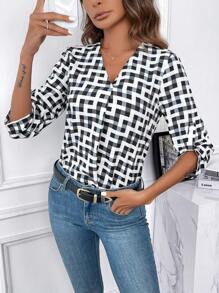 SHEIN Clasi 女性全印花幾何圖案卷袖衫 - 黑與白 - 查看 1