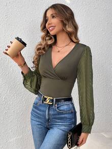 SHEIN Tall V領拼接設計插肩袖襯衫 - 軍綠色 - 查看 6