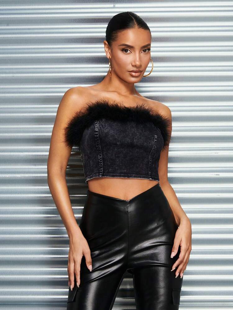 Sexy Women's Strapless Denim Top With Feather Decoration For Nightclub Party Or New Year's Eve