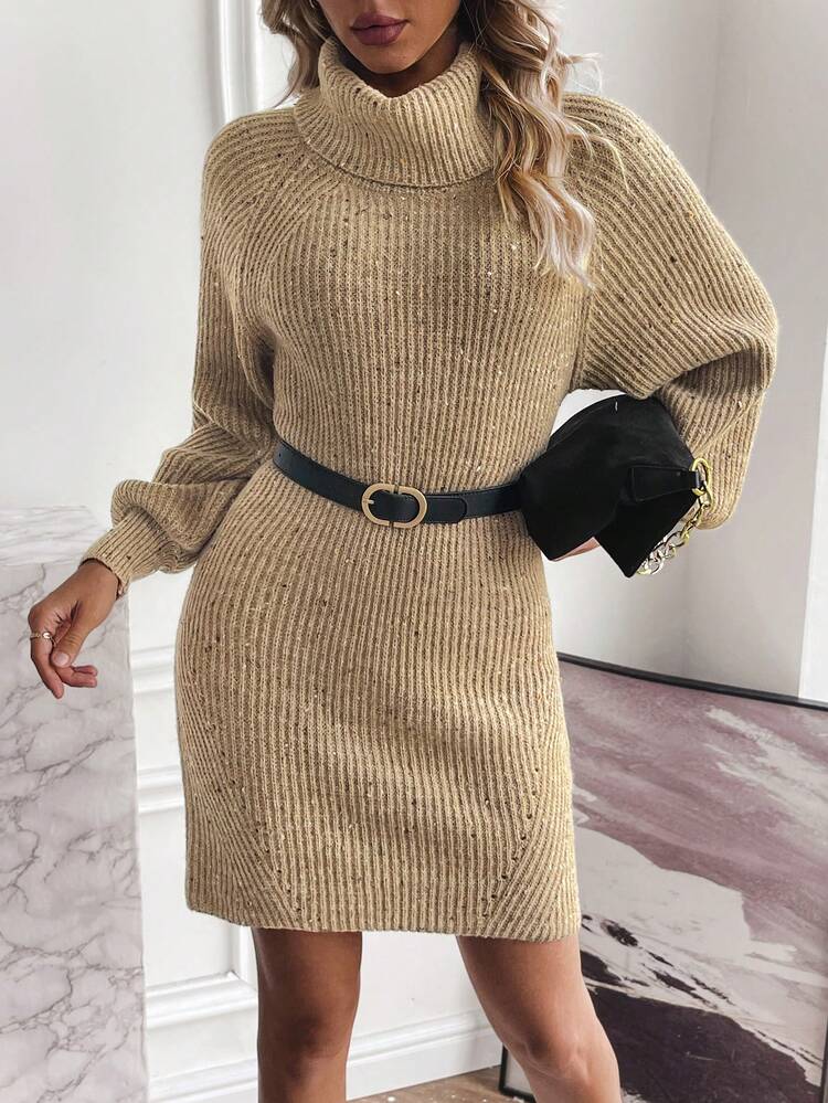 Mixed Yarn Sweater Dress, Random Color Distribution Of Yarn, Belt Not Included Fall Cloth For Women