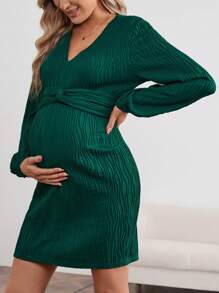 SHEIN Maternity Textured Fabric Twist Knot Dress - Green - View 1