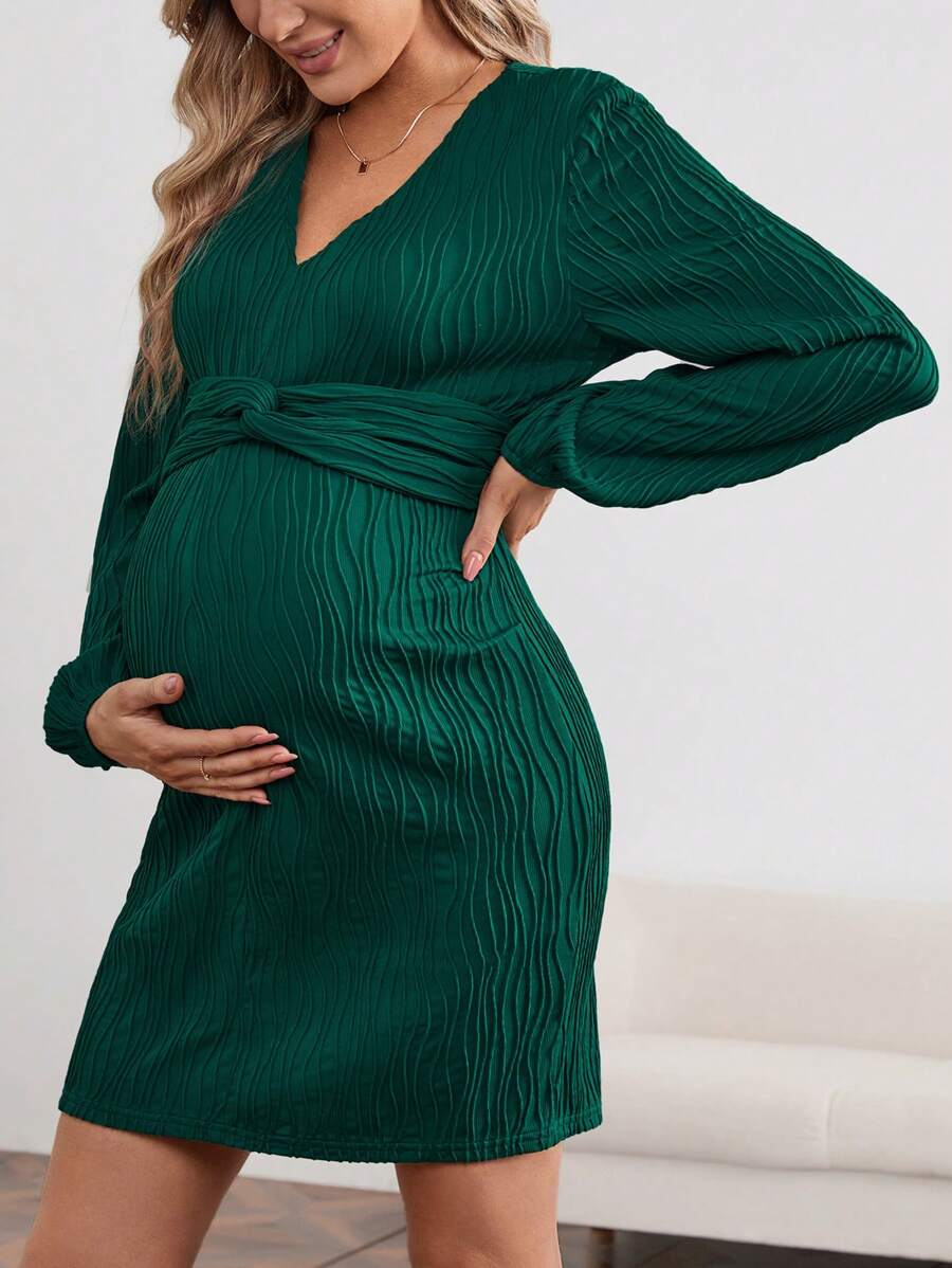 SHEIN Maternity Textured Fabric Twist Knot Dress - Green - View 1