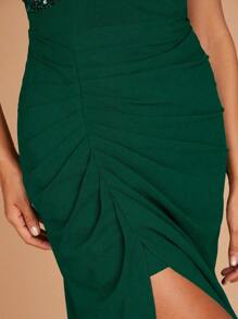 SHEIN Belle Asymmetrical Neck Contrast Sequin Ruched Split Thigh Cocktail Dress - Green - View 7