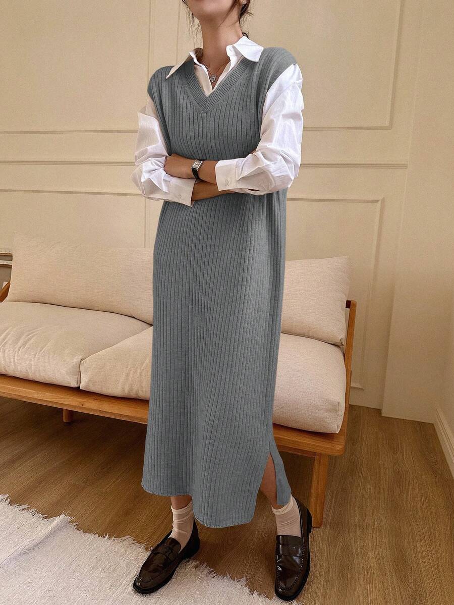 DAZY Của phụ nữ Màu thuần Áo len dệt kim Đầm Với Viền chia cắt - Xám - Xem 1