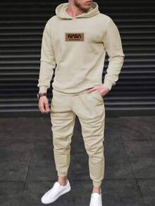 GENTILAND Men's Plus Size Letter Printed Hoodie And Sweatpants Two-piece Set - Khaki - View 1