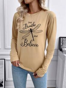 SHEIN Essnce Của phụ nữ con chuồn chuồn Và Lá thư In Áo thun - Màu Khaki - Xem 6