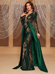 YISIKADO Vestido De Fiesta Para Mujer De Larga Cola Con Lentejuelas De Color Sólido Y Diseño De Paneles - Verde Oscuro - Ver 5