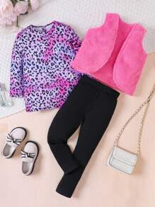 SHEIN 初學步女童休閒背心與豹紋t恤和打底褲3入套裝,適用於春、秋、冬季節 - 玫紅色 - 查看 3